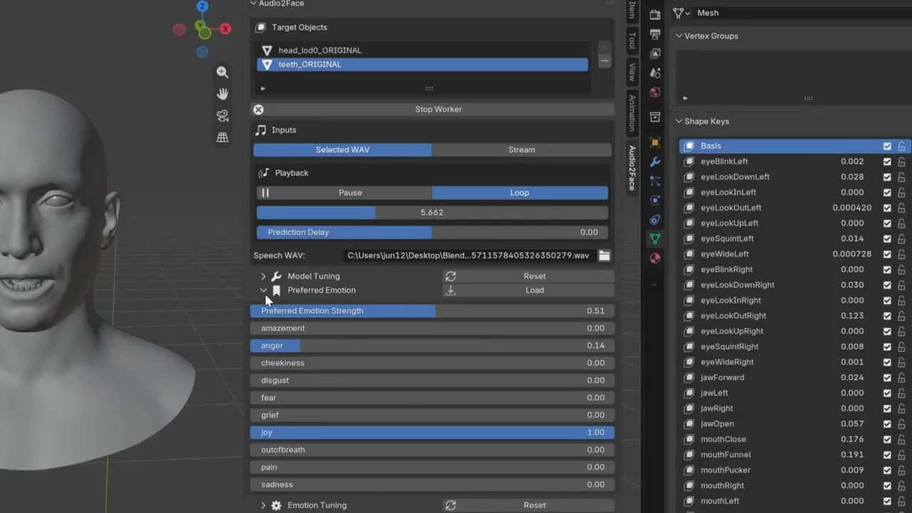 Audio2Face Preferred Emotion sliders with joy loaded while a WAV drives the face