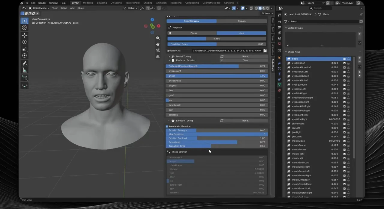 Audio2Face Auto Audio2Emotion controls and read-only Mixed Emotion output