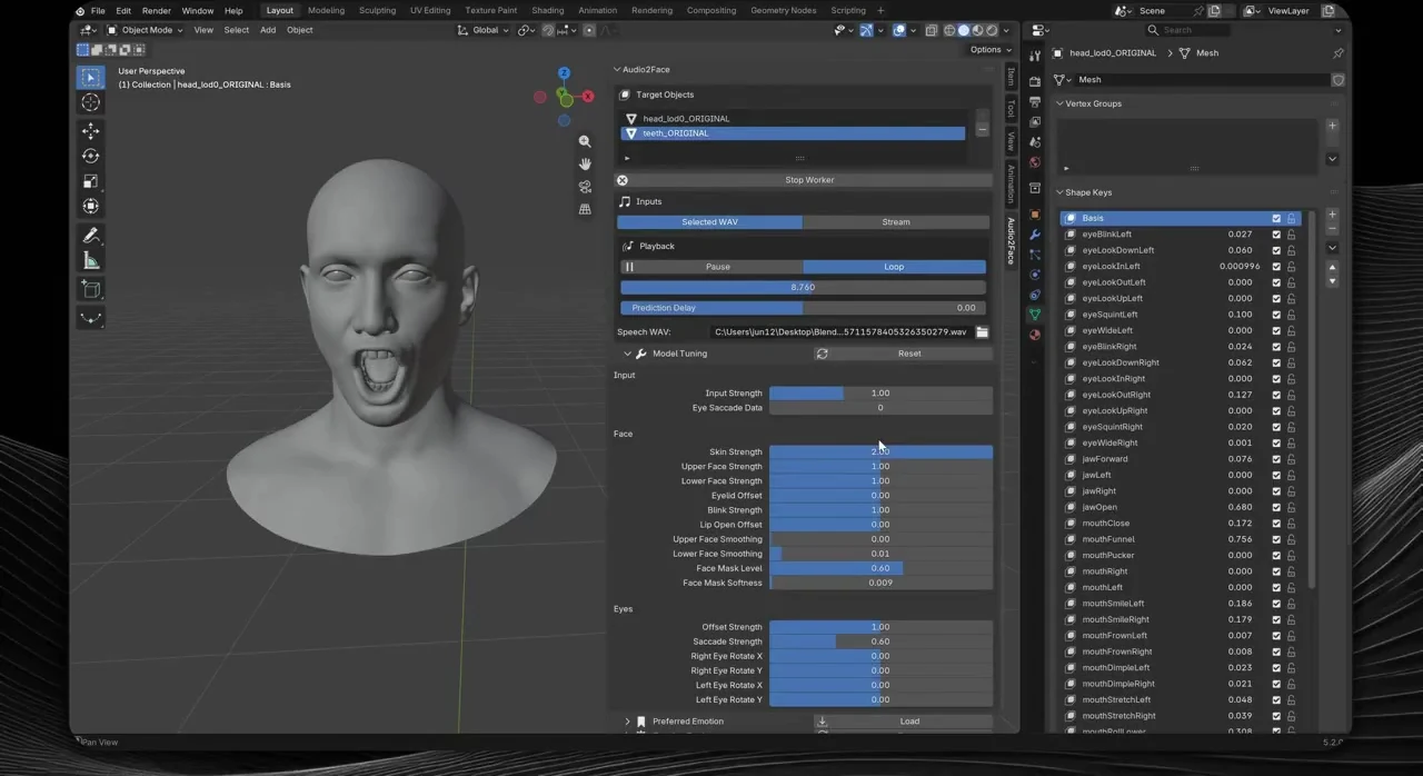 Audio2Face model tuning sliders driving live Shape Keys on a head mesh