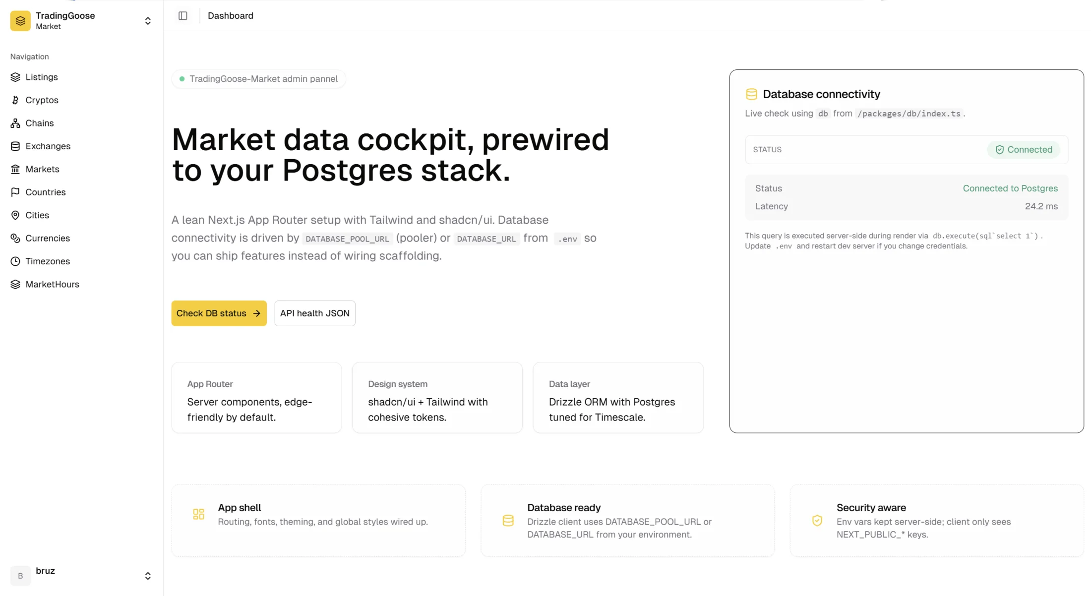 TradingGoose-Market admin dashboard and database connectivity view